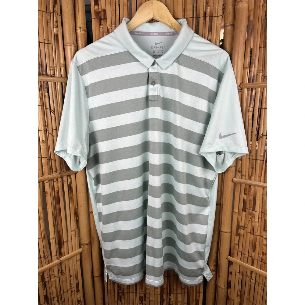 Nike‎ Dri Fit Short Sleeve Striped Golf Polo Shirt (Men's XL) Light Green Gray
